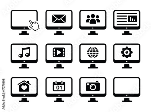 Computer screen black icons set