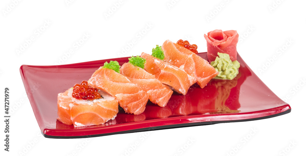 Japanese sushi traditional japanese food.Roll made of salmon, re
