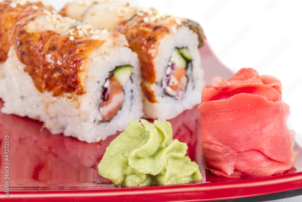 Japanese traditional Cuisine - Maki Roll with Cucumber , Cream C Japanese traditional Cuisine - Maki Roll with Cucumber , Cream C