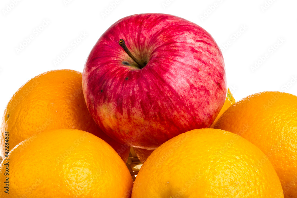 oranges and juicy apple isolated on white background oranges and juicy apple isolated on white background