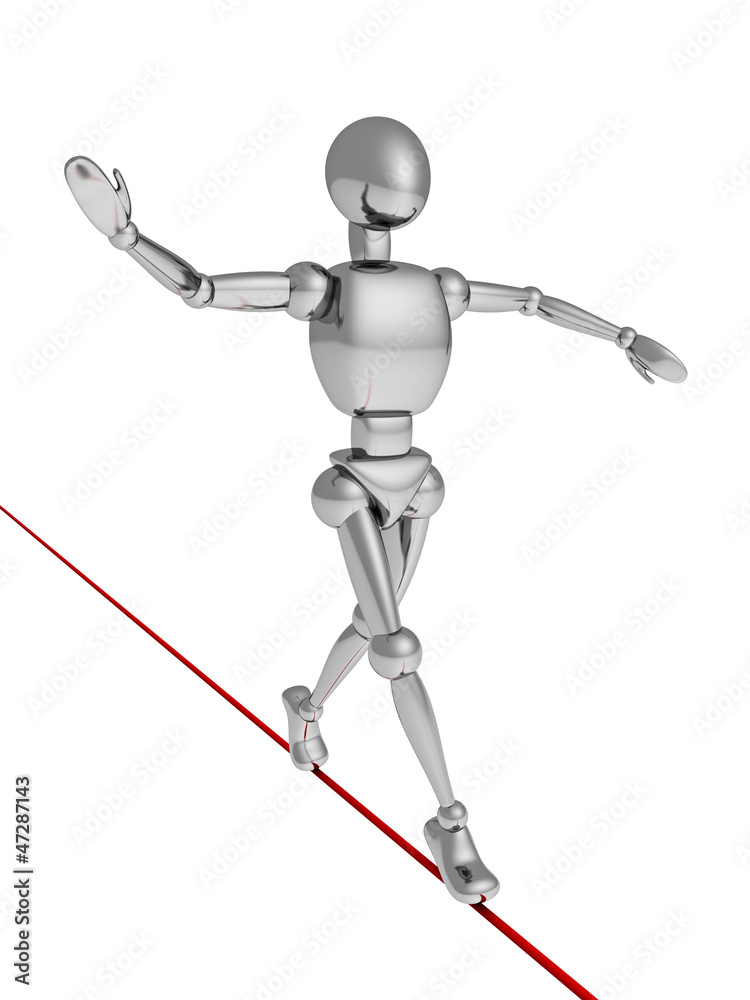 balancer metallic human character walking on red rope balancer metallic human character walking on red rope