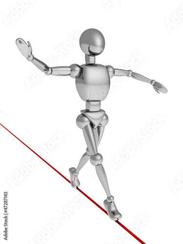 balancer metallic human character walking on red rope