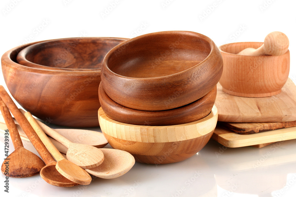 Wooden kitchen utensils isolated on white