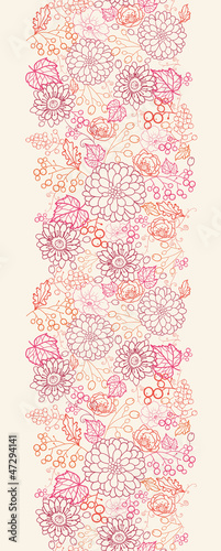 Vector flowers and berries line art vertical seamless pattern