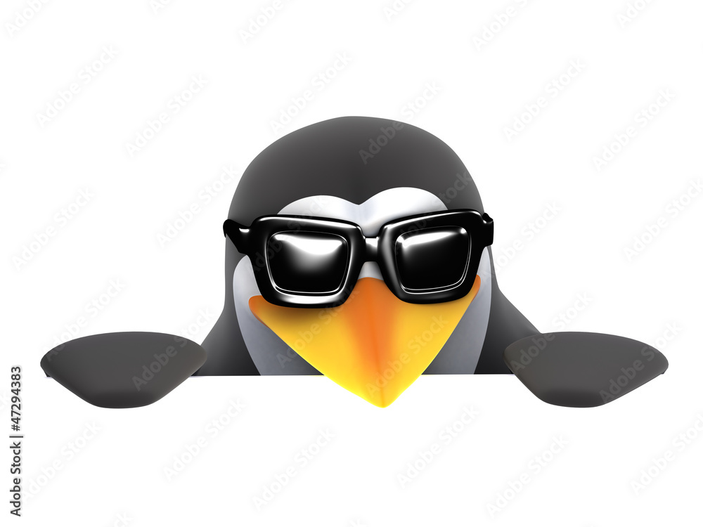 3d Penguin in sunglasses peeps over a blank page Illustration Stock