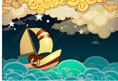 Cartoon stile ship sailing in the night