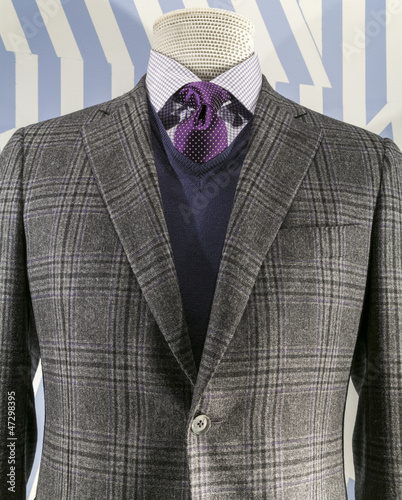 Grey Checkered Jacket with Blue weater and Purple Tie (vertical)