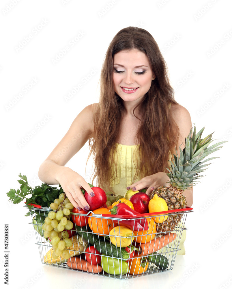 Beautiful woman with healthy food in metal basket isolated Beautiful woman with healthy food in metal basket isolated