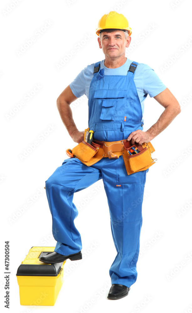 Male builder in yellow helmet isolated on white Male builder in yellow helmet isolated on white