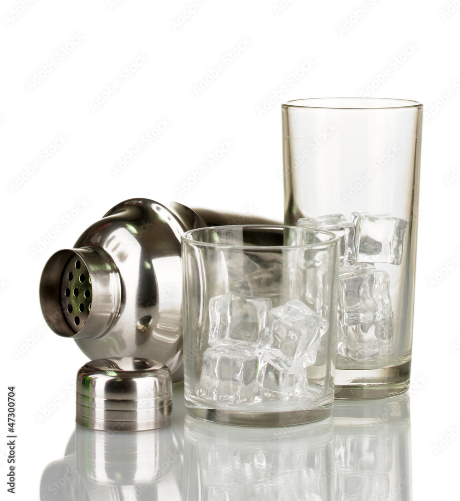 Cocktail shaker and glasses isolated on white Cocktail shaker and glasses isolated on white