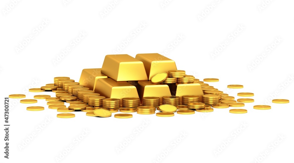 Gold coins and gold bars on a white background.