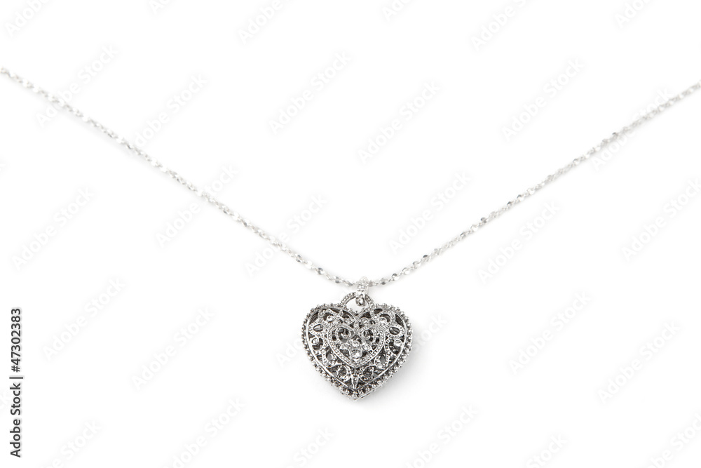 Silver heart pendant necklace, Isolated on white Silver heart pendant necklace, Isolated on white