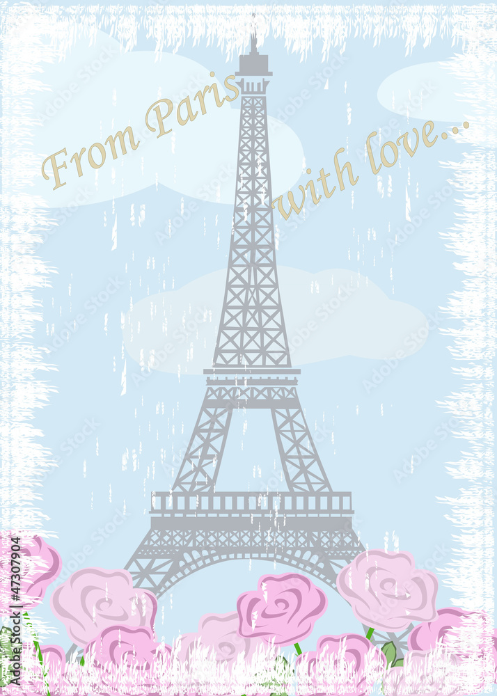 Grunge Eiffel tower with roses