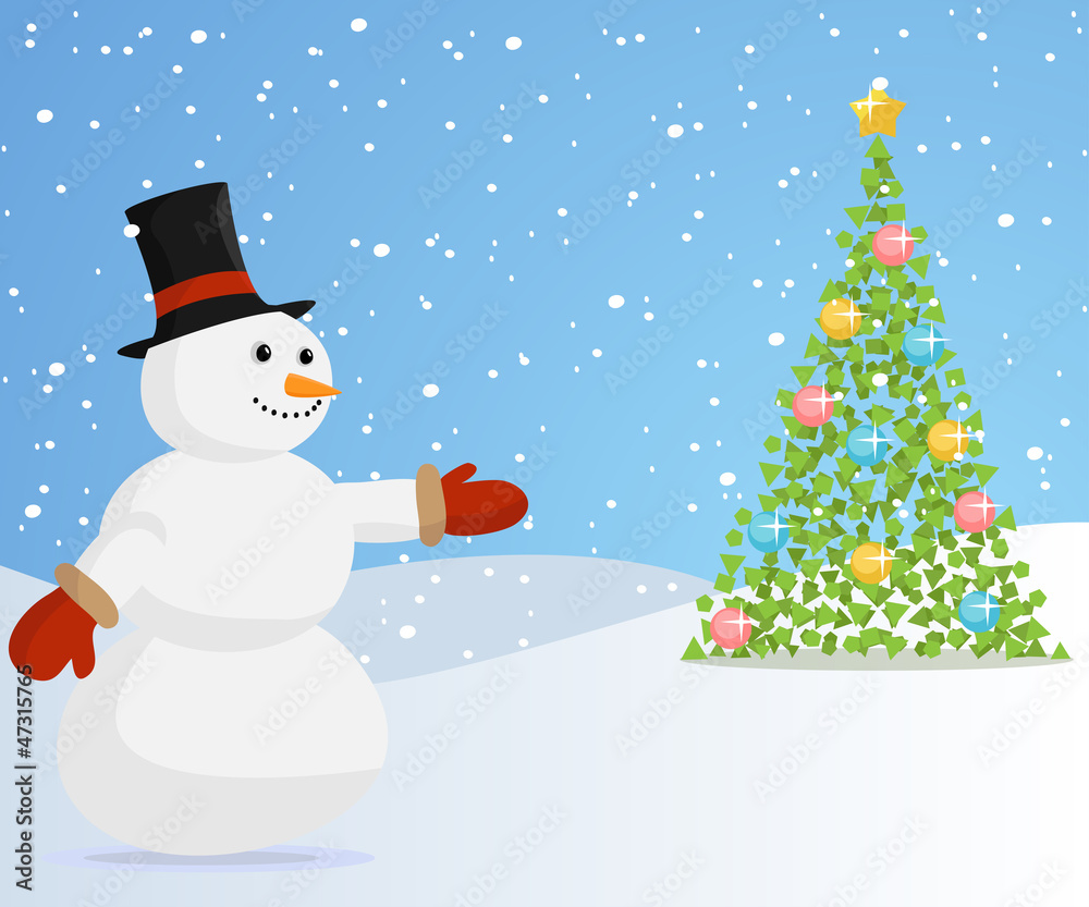 Christmas snowman inviting to the christmas tree. Christmas snowman inviting to the christmas tree.