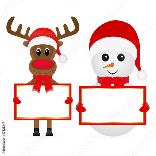 Snowman and Christmas reindeer with banners