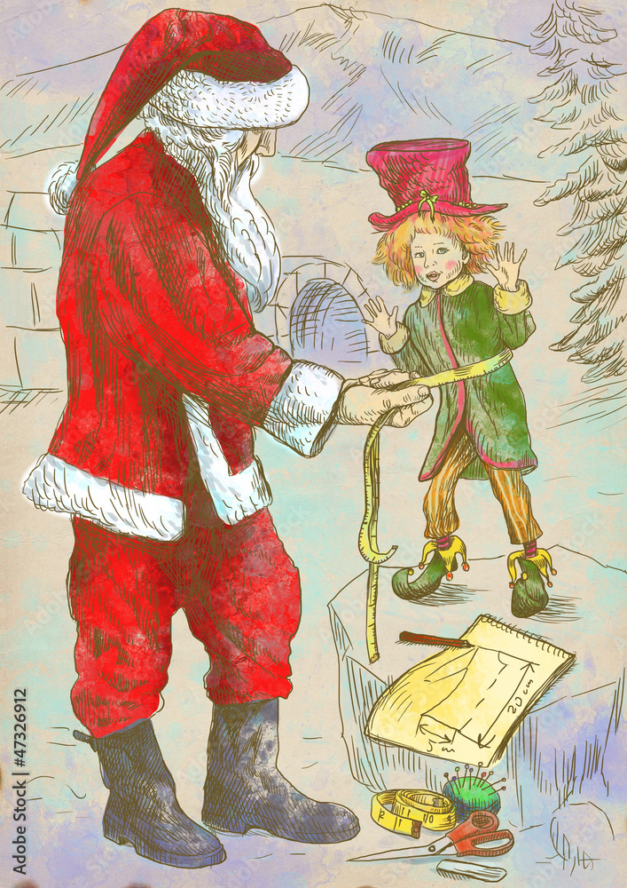 Obraz premium Santa Claus as the tailor sews clothes for his elf - drawing