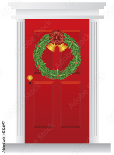 Christmas Wreath Hanging on Red Door Illustration
