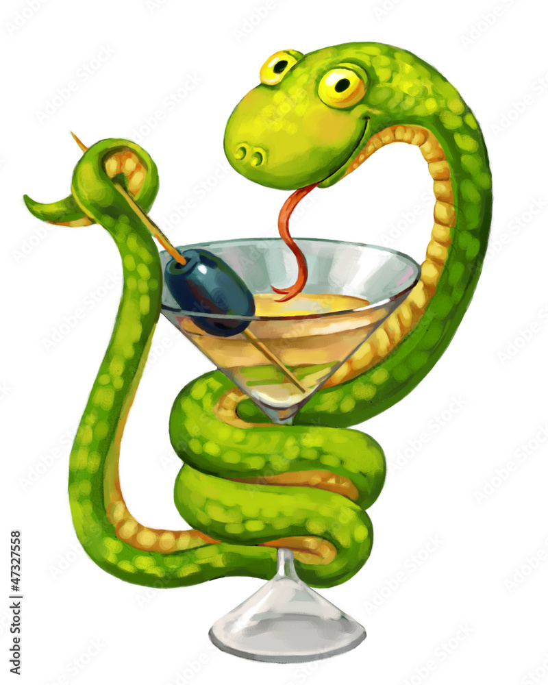 Obraz premium Snake on cup (medicine symbol). Martini glass with olive