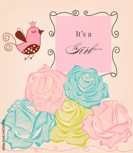 Floral baby girl shower, roses and cute bird