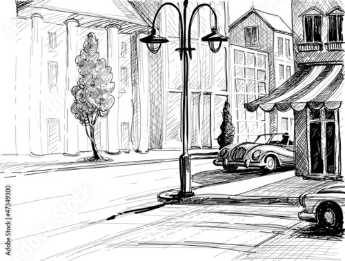 Retro city sketch, street, buildings and old cars vector illustr
