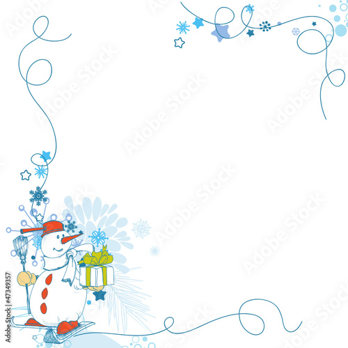 Christmas card, funny snowman corner decoration with gift
