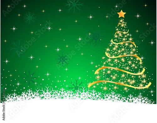 Green snow background. Gold Fir-tree.