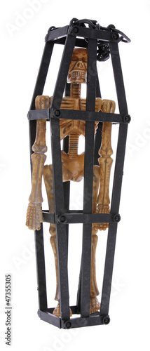 skeleton chained in cage isolated on white background