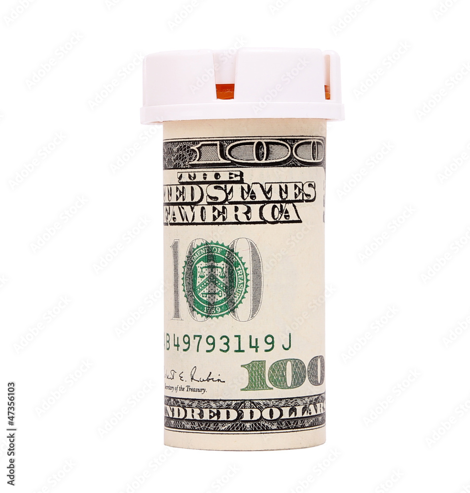 bottle pills wrapped in money isolated on white bottle pills wrapped in money isolated on white