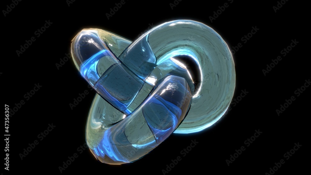 bright blue glass torus knot on black background