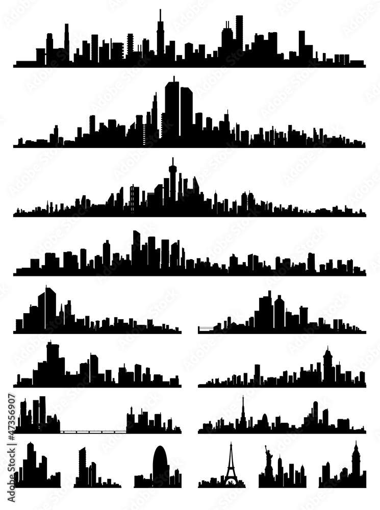 set of detailed city ​​silhouette vector