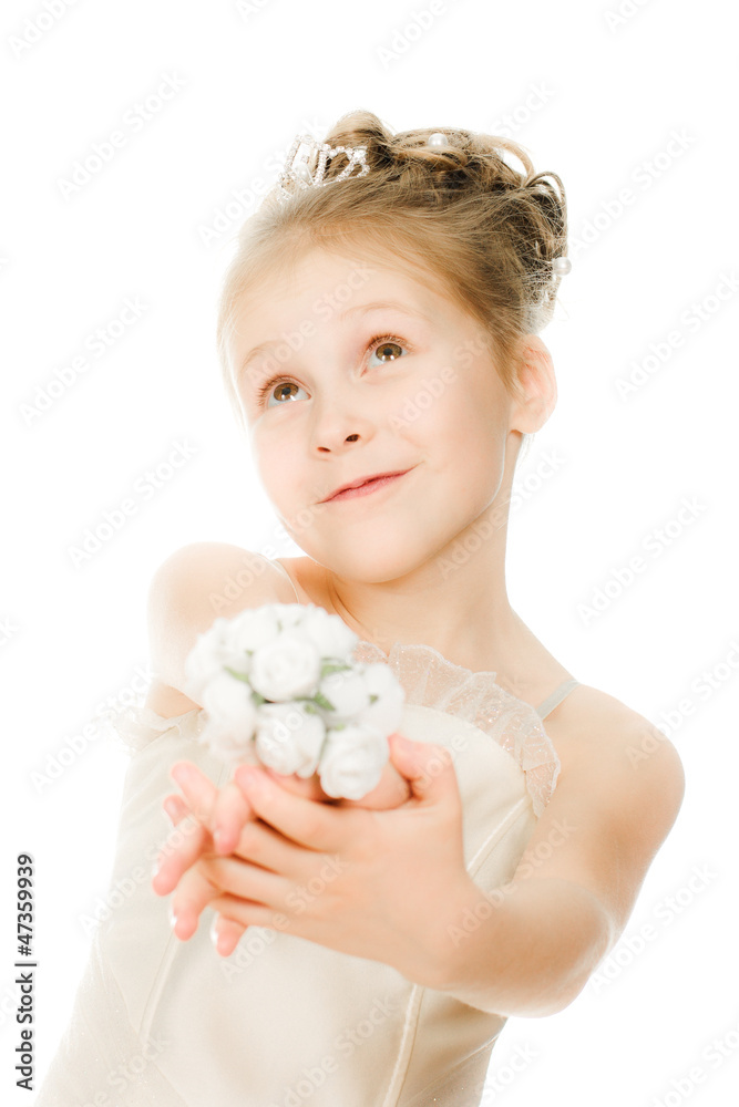 Beautiful girl in white dress with a flower