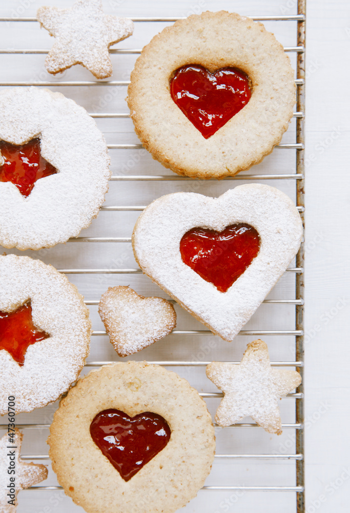linzer homemade cookies with heart shape raspberry jam window