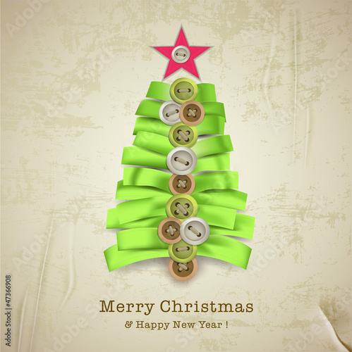 Christmas card with creative christmas tree made of ribbons