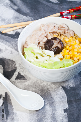 sliced pork with vegetables and buttered corn ramen