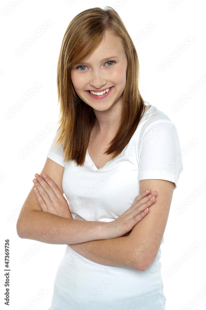 Fashionable young girl in pristine white t-shirt Fashionable young girl in pristine white t-shirt