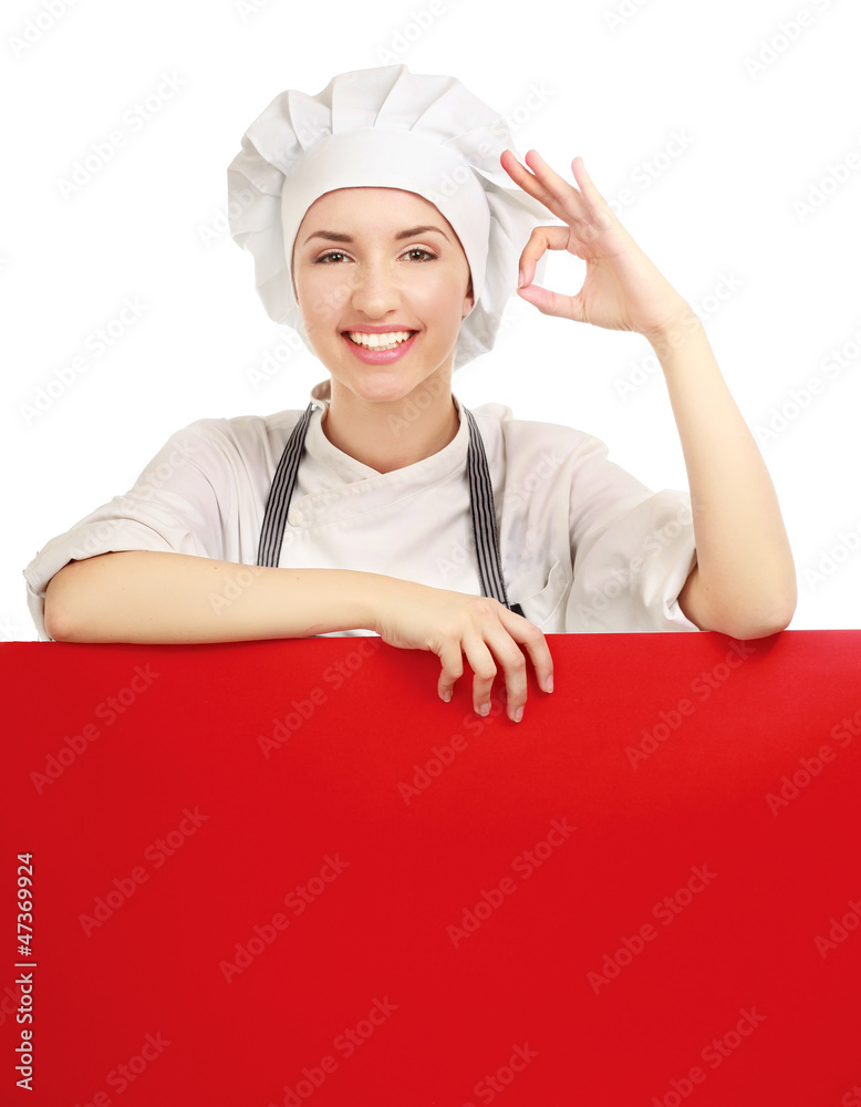 Chef woman holding a blank board and showing ok Chef woman holding a blank board and showing ok