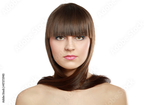 Happy woman touching her face isolated on whire background