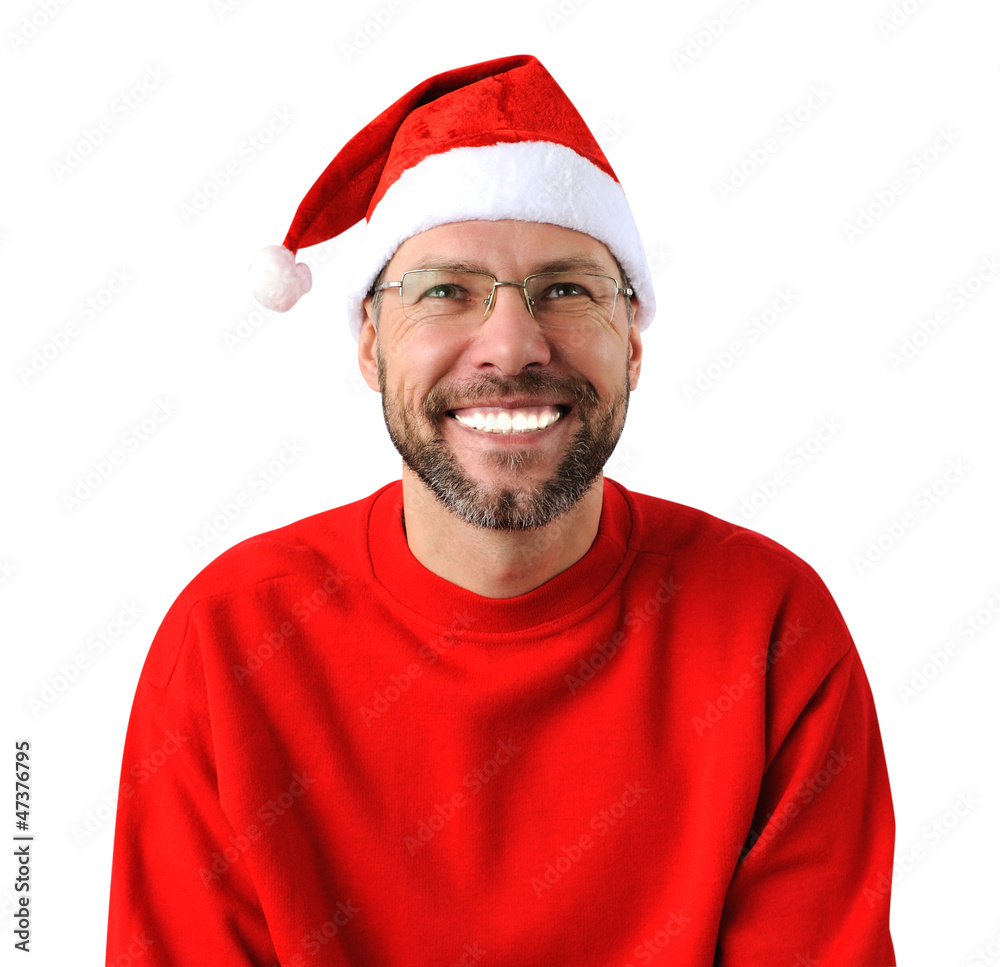 Smiling christmas man wearing a santa hat isolated on the white Smiling christmas man wearing a santa hat isolated on the white