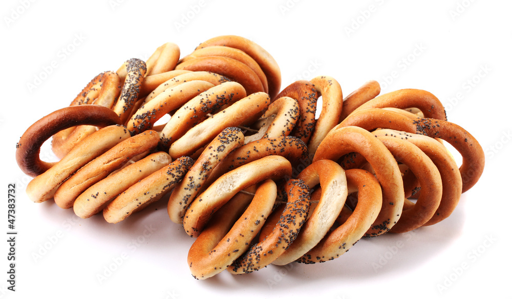 tasty bagels on rope, isolated on white tasty bagels on rope, isolated on white