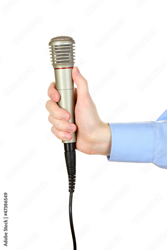 Obraz premium Male hand with microphone isolated on white