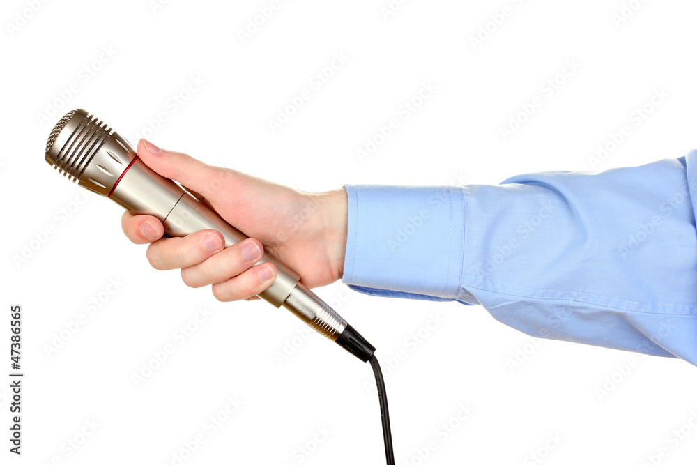 Male hand with microphone isolated on white Male hand with microphone isolated on white