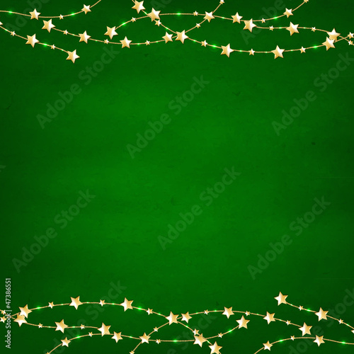 Xmas Green Retro Background With Gold Stars Garland