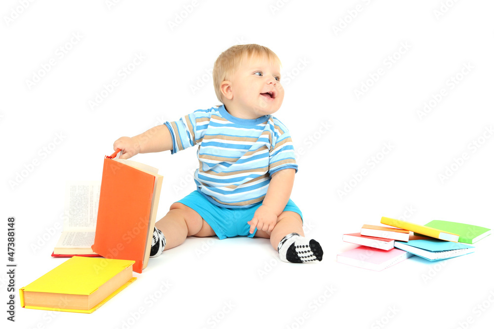 Little boy with multicolor books, isolated on white Little boy with multicolor books, isolated on white