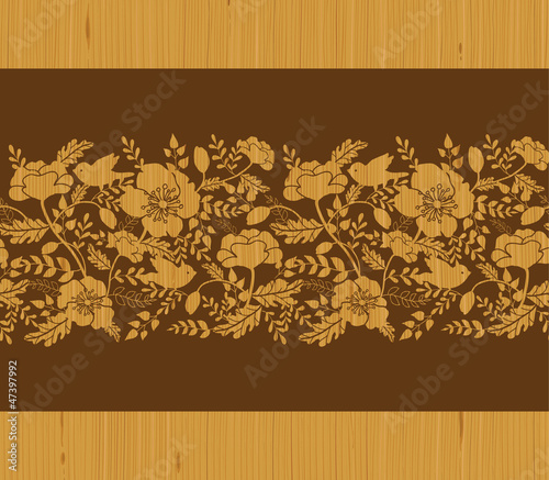 Vector birds among flowers elegant wooden horizontal seamless