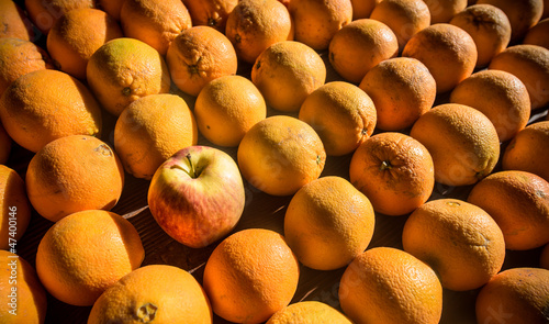 An apple among many oranges on a table