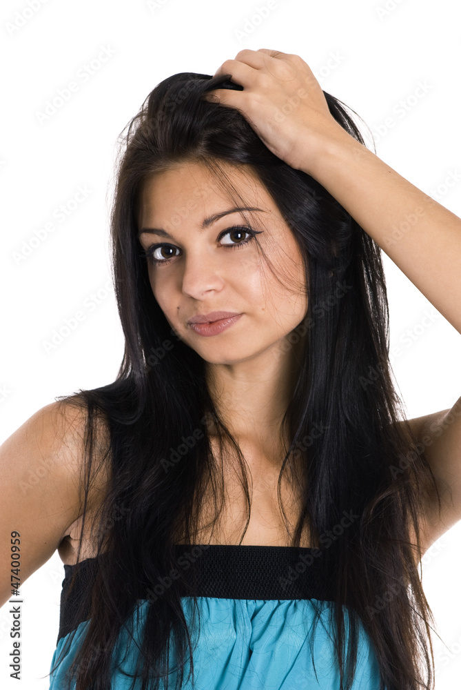 Young happy attractive girl posing in studio . Young happy attractive girl posing in studio .