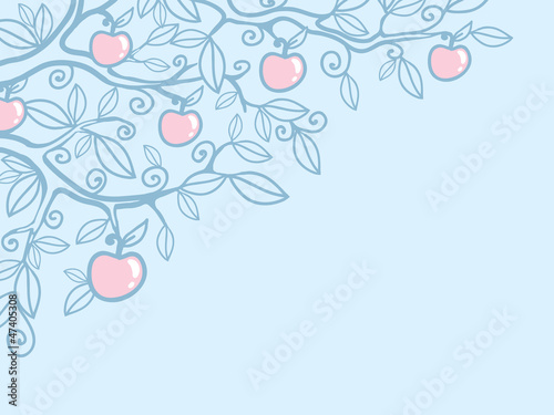 Vector apple tree corner background with hand drawn floral