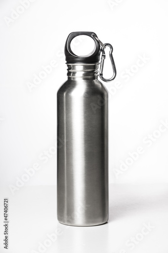 Stainless steel bottle on white background.