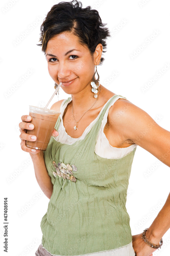 Portrait of a woman drinking chocolate shake Portrait of a woman drinking chocolate shake