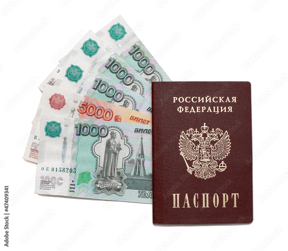 Passport and russian money isolater on white Passport and russian money isolater on white